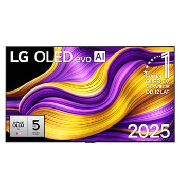 Przedni widok na LG OLED evo AI G5 4K Smart TV. Emblemat „12 Years of World Number 1 OLED” i logo LG OLED evo AI 2025 na ekranie.