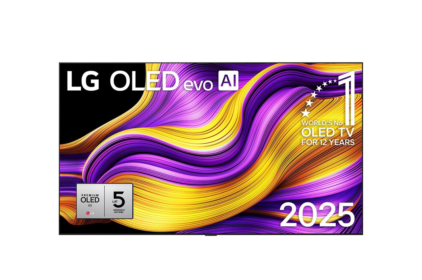 Przedni widok na LG OLED evo AI G5 4K Smart TV. Emblemat „12 Years of World Number 1 OLED” i logo LG OLED evo AI 2025 na ekranie.