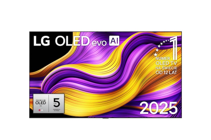 Przedni widok na LG OLED evo AI G5 4K Smart TV. Emblemat „12 Years of World Number 1 OLED” i logo LG OLED evo AI 2025 na ekranie.