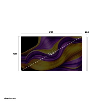 Przedni i boczny widok na LG OLED evo AI G5 4K Smart TV prezentujący jego długość, szerokość, wysokość i głębokość.