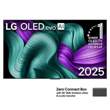 Front view of LG OLED M5 Signature TV. 12 Years of world number 1 OLED emblem and LG Signature OLED M logo are on the screen. Zero Connect Box in the corner with the title, Zero Connect Box with 4K 144Hz wireless video & audio transfer