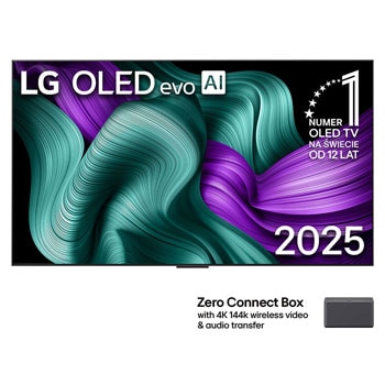 Front view of LG OLED M5 Signature TV. 12 Years of world number 1 OLED emblem and LG Signature OLED M logo are on the screen. Zero Connect Box in the corner with the title, Zero Connect Box with 4K 144Hz wireless video & audio transfer