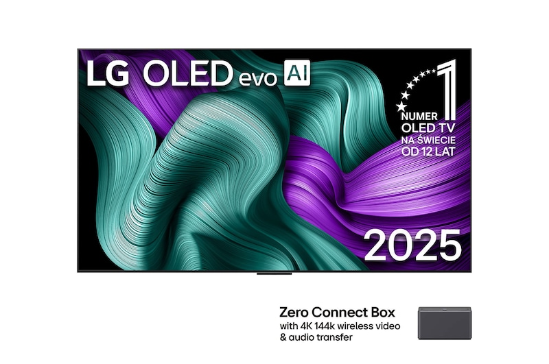 Front view of LG OLED M5 Signature TV. 12 Years of world number 1 OLED emblem and LG Signature OLED M logo are on the screen. Zero Connect Box in the corner with the title, Zero Connect Box with 4K 144Hz wireless video & audio transfer