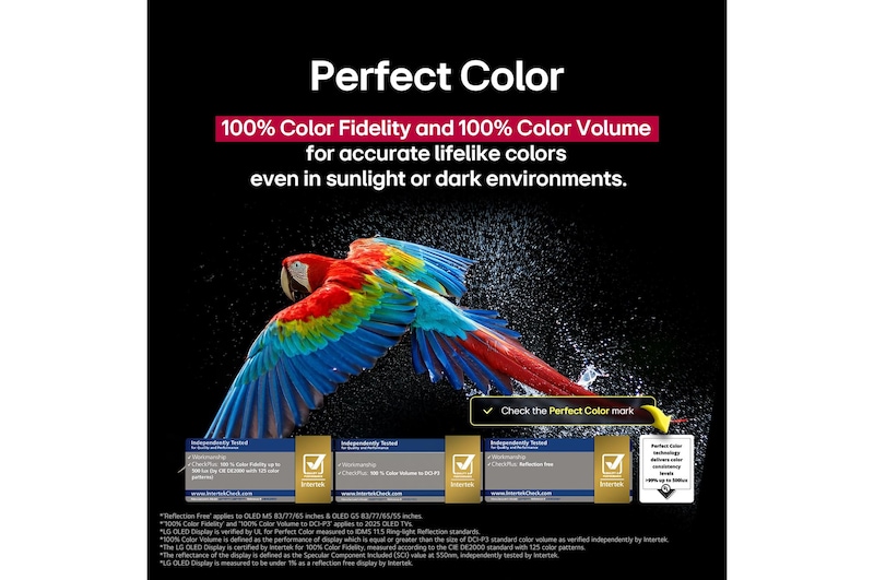 Colorful parrot in ultra-high definition against a black background. Water drops are suspended in the air all around it. The image showcases Perfect Color as each different hue on the parrot's body is vibrant and vivid. Different logo certifications from UL and Intertek are visible. These refer to 100% Color Fidelity and 100% Color Volume. Text is also visible, check the Perfect Color certification mark.