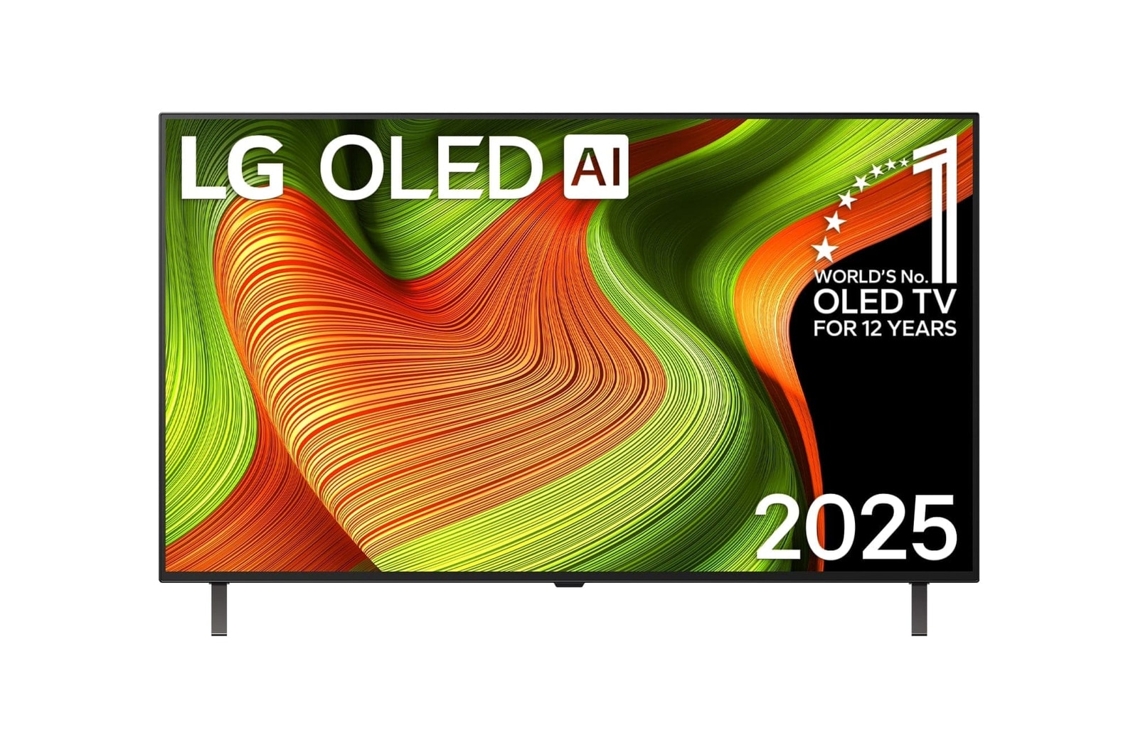 Przedni widok na LG OLED AI B5 4K Smart TV. Emblemat „12 Years of World Number 1 OLED” i logo LG OLED AI 2025 na ekranie.