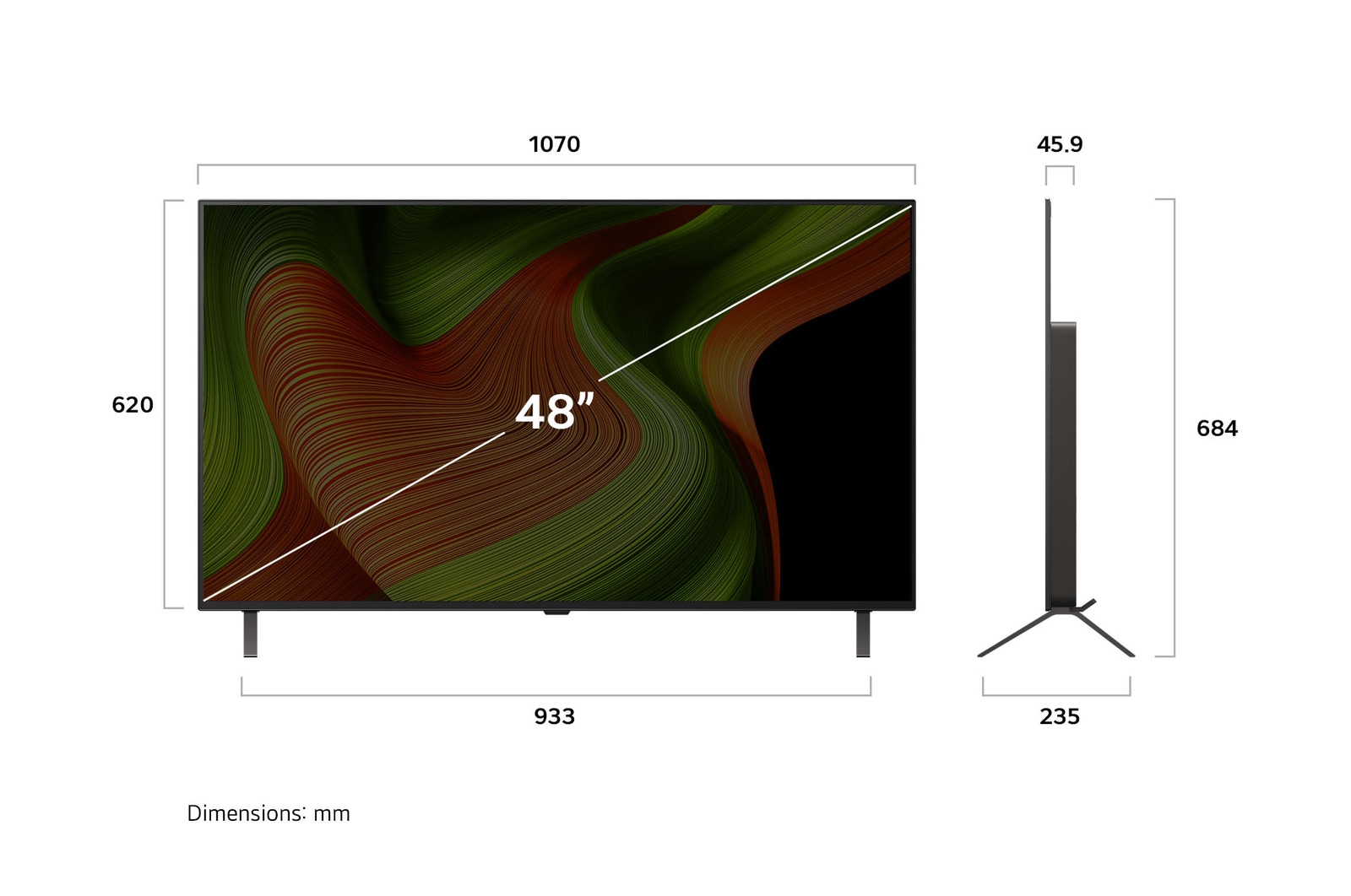Widok z przodu i z boku na LG OLED AI B5 4K Smart TV prezentujący jego długość, szerokość, wysokość i głębokość.