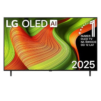 Przedni widok na LG OLED AI B5 4K Smart TV. Emblemat „12 Years of World Number 1 OLED” i logo LG OLED AI 2025 na ekranie.