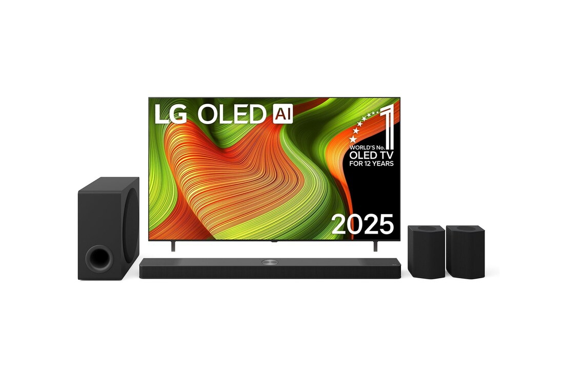 Przedni widok na LG OLED AI B5 4K Smart TV. Emblemat „12 Years of World Number 1 OLED” i logo LG OLED AI 2025 na ekranie.