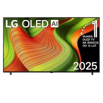 Przedni widok na LG OLED AI B5 4K Smart TV. Emblemat „12 Years of World Number 1 OLED” i logo LG OLED AI 2025 na ekranie.