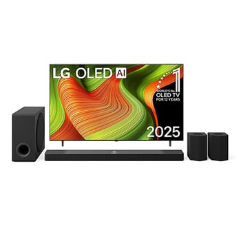 Przedni widok na LG OLED AI B5 4K Smart TV. Emblemat „12 Years of World Number 1 OLED” i logo LG OLED AI 2025 na ekranie.