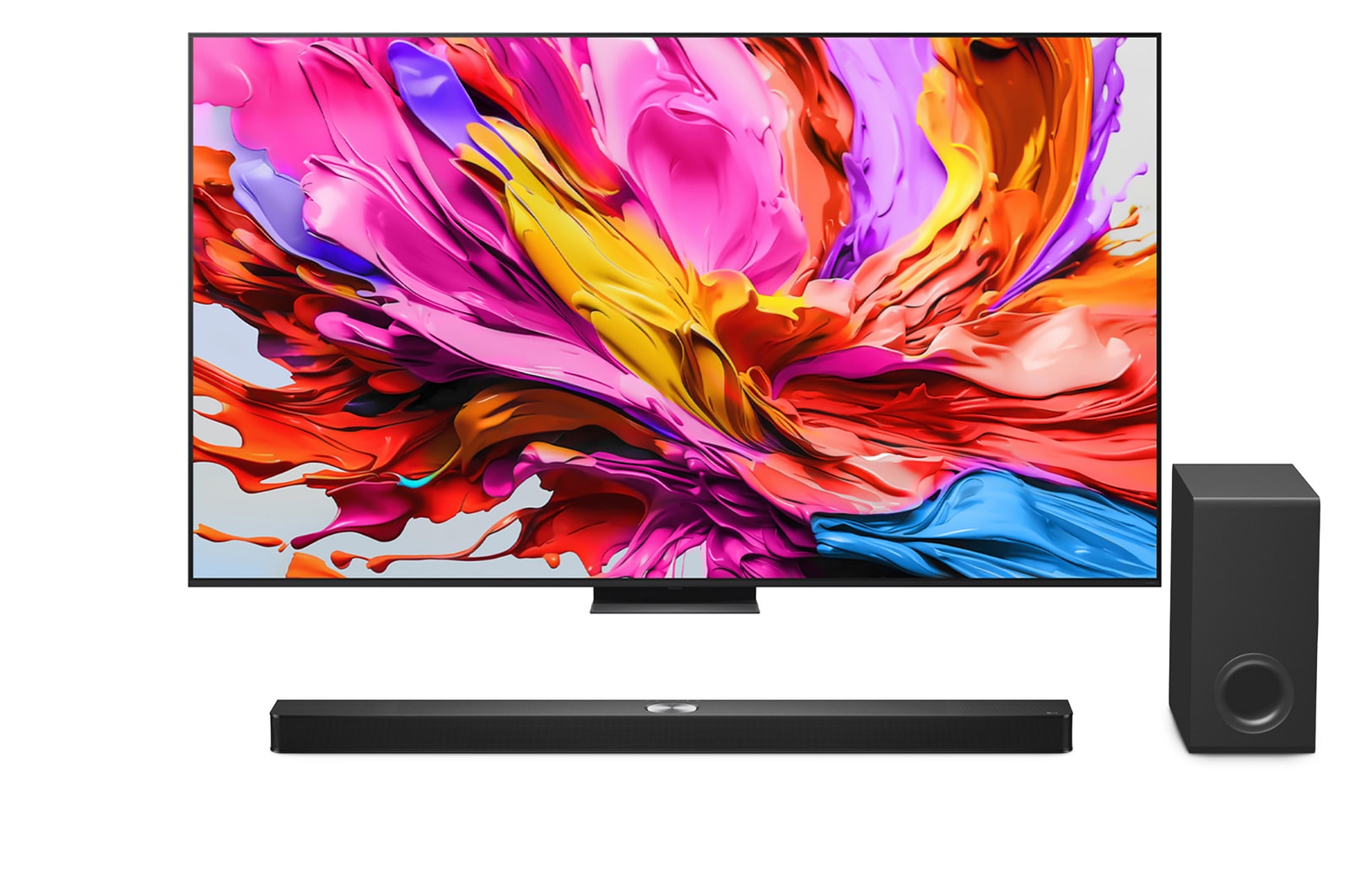 Przedni widok na TV LG QNED evo QNED85, logo AI LG QNED evo w górnym rogu. TV LG QNED evo QNED85 przedstawia kolorowe, przypominające farbę tekstury.