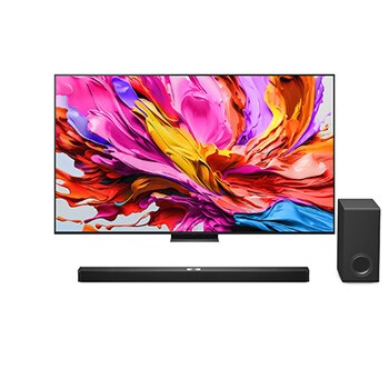 Przedni widok na TV LG QNED evo QNED85, logo AI LG QNED evo w górnym rogu. TV LG QNED evo QNED85 przedstawia kolorowe, przypominające farbę tekstury.