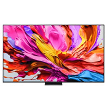Przedni widok na TV LG QNED evo QNED85, logo AI LG QNED evo w górnym rogu. TV LG QNED evo QNED85 przedstawia kolorowe, przypominające farbę tekstury.