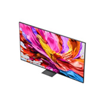Przedni i boczny widok na LG QNED evo AI 4K Smart TV QNED85 prezentujący jego długość, szerokość, wysokość i głębokość.
