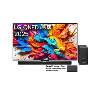 Front view of LG QNED evo AI QNED9M TV. LG QNED evo AI Logo on the. op corner. LG QNED evo TV depicts colorful paintike textures coming together. Zero Connect Box in the corner with the title, Zero Connect Box with 4K 144Hz wireless video & audio transfer.