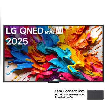 Widok z przodu telewizora LG QNED evo AI QNED9M. Logo LG QNED evo AI w górnym rogu. TV LG QNED evo przedstawia kolorowe, przypominające farbę tekstury. Zero Connect Box w rogu z tytułem Zero Connect Box z bezprzewodowym przesyłaniem obrazu i dźwięku 4K 144 Hz.