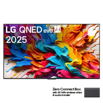 Widok z przodu telewizora LG QNED evo AI QNED9M. Logo LG QNED evo AI w górnym rogu. TV LG QNED evo przedstawia kolorowe, przypominające farbę tekstury. Zero Connect Box w rogu z tytułem Zero Connect Box z bezprzewodowym przesyłaniem obrazu i dźwięku 4K 144 Hz.