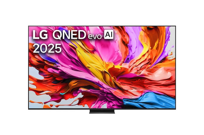 Przedni widok na TV LG QNED evo QNED85, logo AI LG QNED evo w górnym rogu. TV LG QNED evo QNED85 przedstawia kolorowe, przypominające farbę tekstury.
