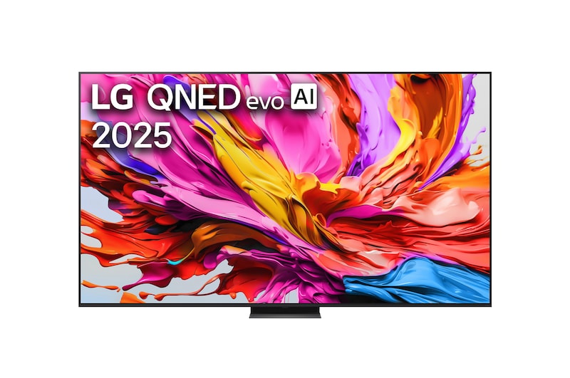 Przedni widok na TV LG QNED evo QNED85, logo AI LG QNED evo w górnym rogu. TV LG QNED evo QNED85 przedstawia kolorowe, przypominające farbę tekstury.