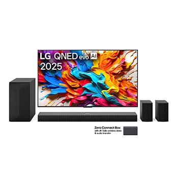 Front view of LG QNED evo AI QNED9M TV. LG QNED evo AI Logo on the. op corner. LG QNED evo TV depicts colorful paintike textures coming together. Zero Connect Box in the corner with the title, Zero Connect Box with 4K 144Hz wireless video & audio transfer.