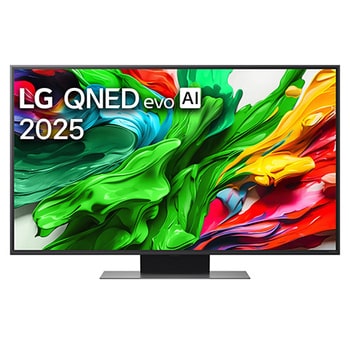 Przedni widok na TV LG QNED evo QNED85, logo AI LG QNED evo w górnym rogu. TV LG QNED evo QNED85 przedstawia kolorowe, przypominające farbę tekstury.