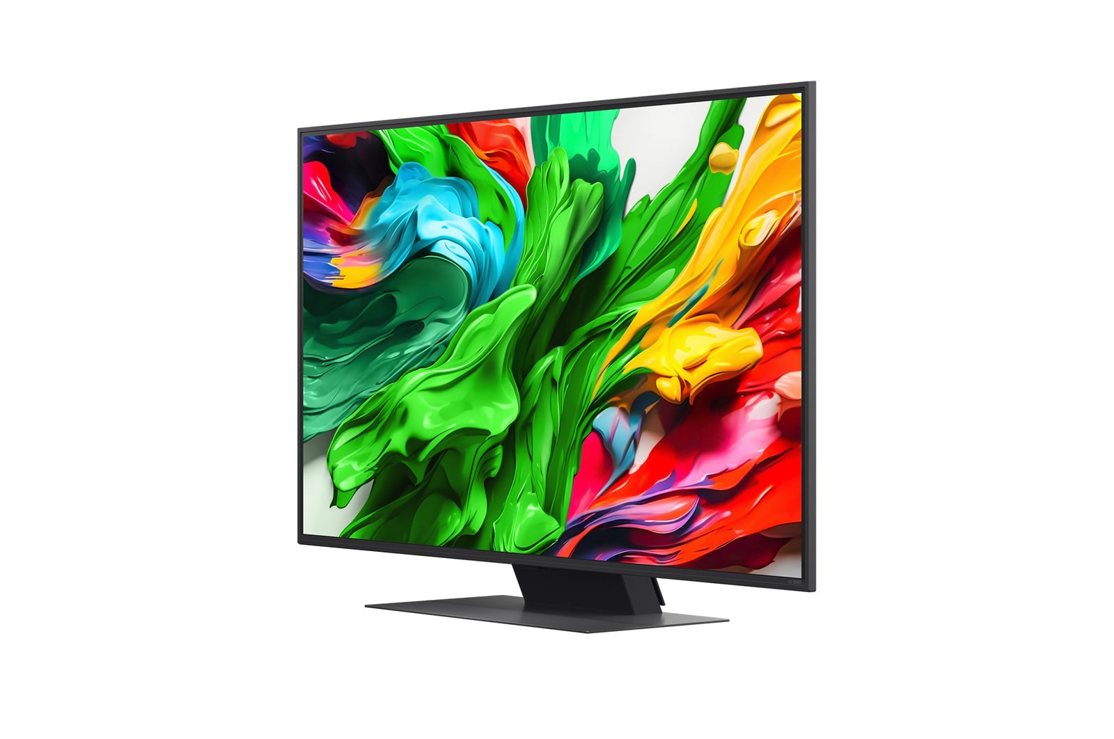Przedni i boczny widok na LG QNED evo AI 4K Smart TV QNED85 prezentujący jego długość, szerokość, wysokość i głębokość.