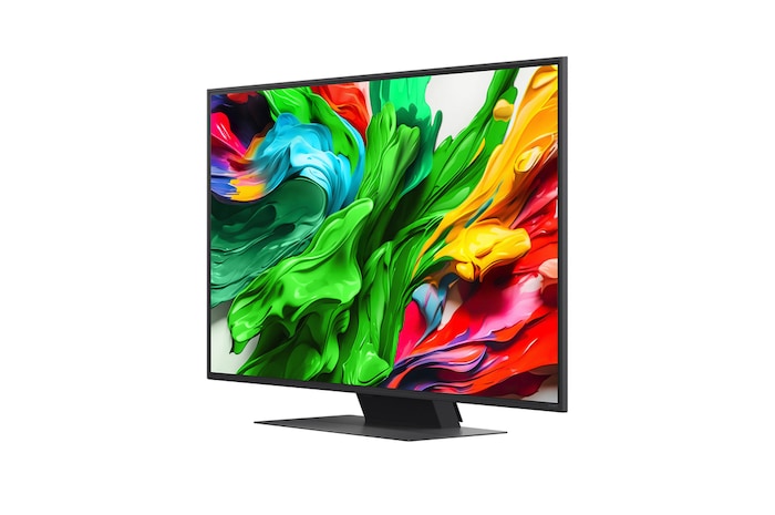 Przedni i boczny widok na LG QNED evo AI 4K Smart TV QNED85 prezentujący jego długość, szerokość, wysokość i głębokość.