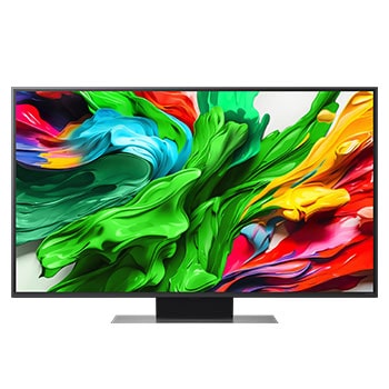 Przedni widok na TV LG QNED evo QNED85, logo AI LG QNED evo w górnym rogu. TV LG QNED evo QNED85 przedstawia kolorowe, przypominające farbę tekstury.