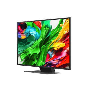 Przedni i boczny widok na LG QNED evo AI 4K Smart TV QNED85 prezentujący jego długość, szerokość, wysokość i głębokość.