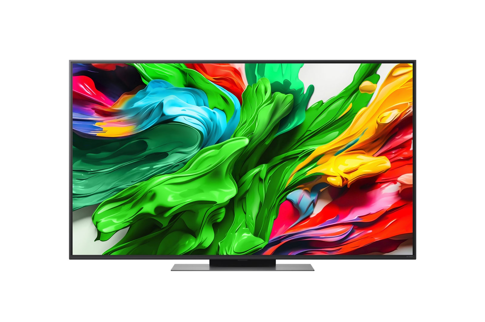 Przedni widok na TV LG QNED evo QNED85, logo AI LG QNED evo w górnym rogu. TV LG QNED evo QNED85 przedstawia kolorowe, przypominające farbę tekstury.