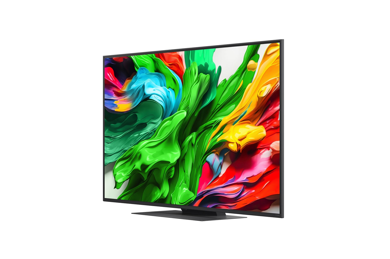 Przedni i boczny widok na LG QNED evo AI 4K Smart TV QNED85 prezentujący jego długość, szerokość, wysokość i głębokość.