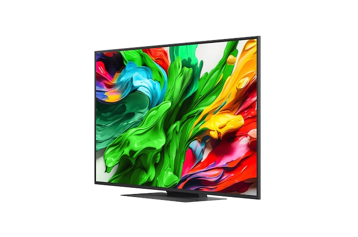 Przedni i boczny widok na LG QNED evo AI 4K Smart TV QNED85 prezentujący jego długość, szerokość, wysokość i głębokość.