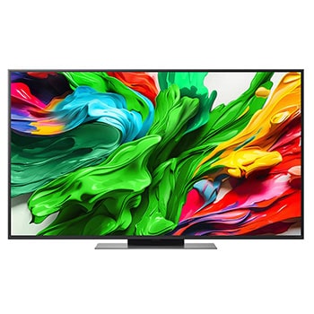 Przedni widok na TV LG QNED evo QNED85, logo AI LG QNED evo w górnym rogu. TV LG QNED evo QNED85 przedstawia kolorowe, przypominające farbę tekstury.