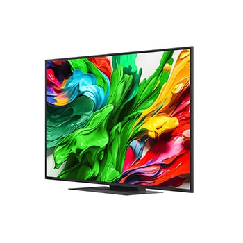 Przedni i boczny widok na LG QNED evo AI 4K Smart TV QNED85 prezentujący jego długość, szerokość, wysokość i głębokość.