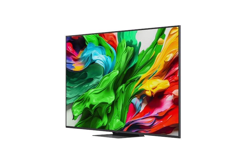 Przedni i boczny widok na LG QNED evo AI 4K Smart TV QNED85 prezentujący jego długość, szerokość, wysokość i głębokość.