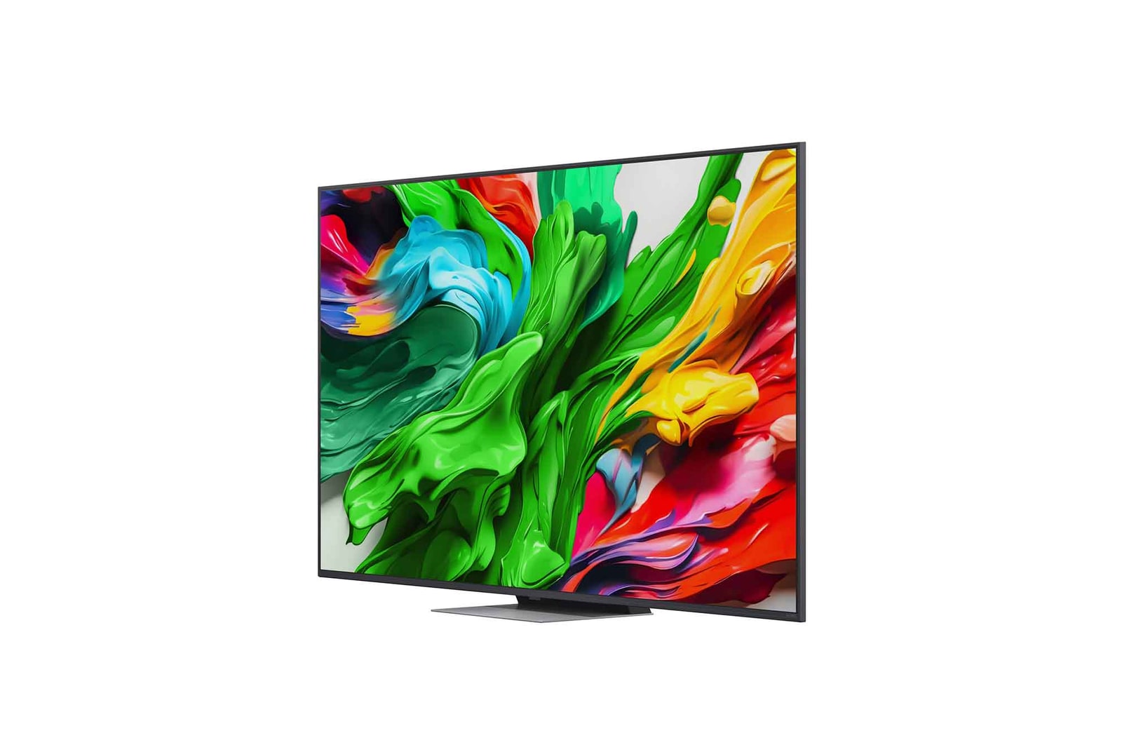 Przedni i boczny widok na LG QNED evo AI 4K Smart TV QNED85 prezentujący jego długość, szerokość, wysokość i głębokość.