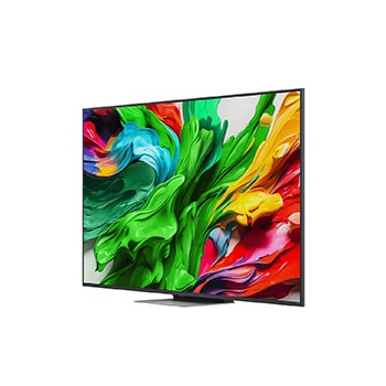 Przedni i boczny widok na LG QNED evo AI 4K Smart TV QNED85 prezentujący jego długość, szerokość, wysokość i głębokość.