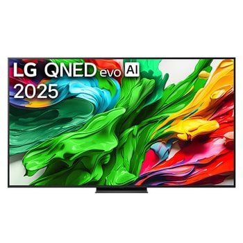 Przedni widok na TV LG QNED evo QNED85, logo AI LG QNED evo w górnym rogu. TV LG QNED evo QNED85 przedstawia kolorowe, przypominające farbę tekstury.
