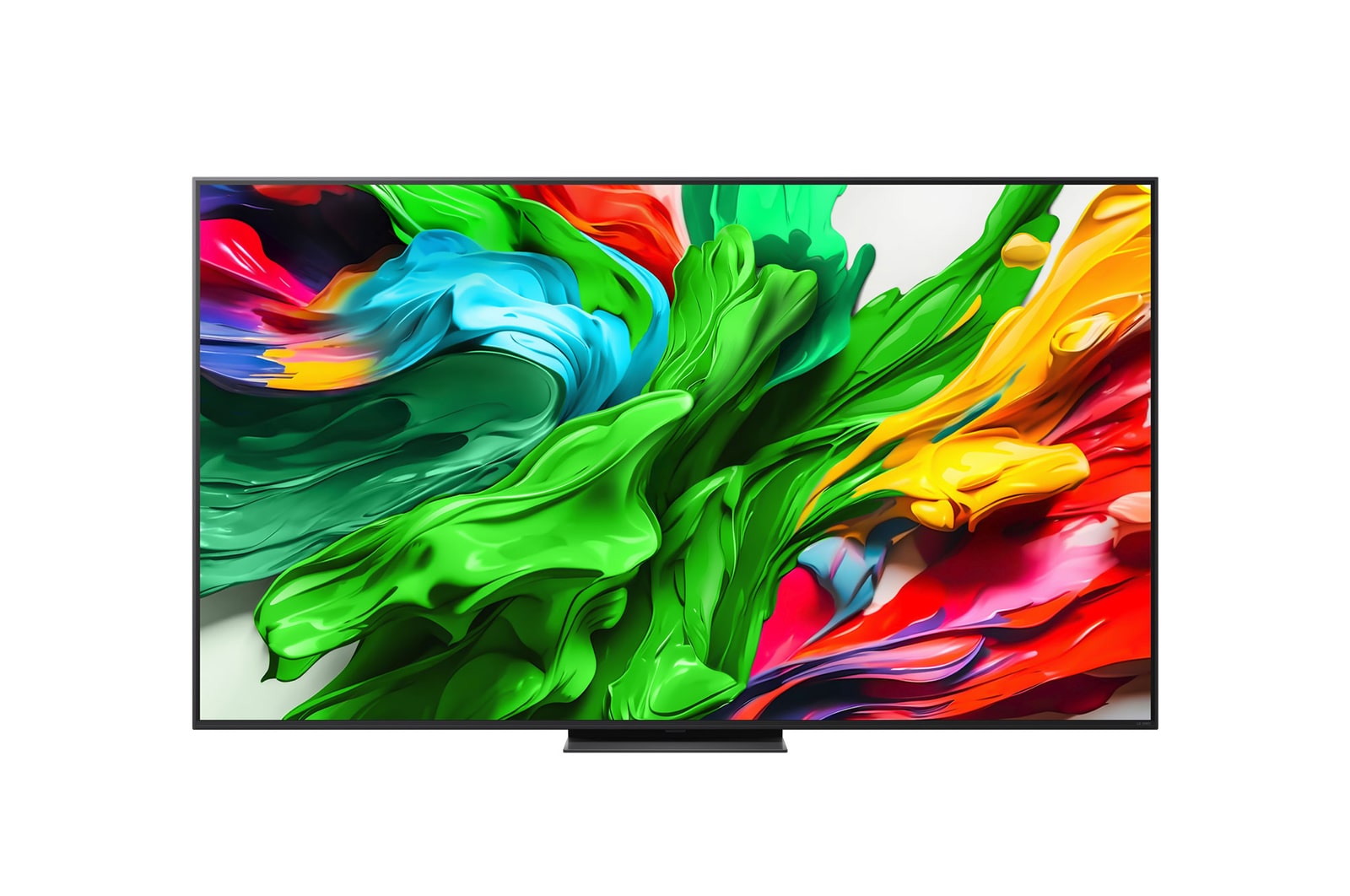 Przedni widok na TV LG QNED evo QNED85, logo AI LG QNED evo w górnym rogu. TV LG QNED evo QNED85 przedstawia kolorowe, przypominające farbę tekstury.