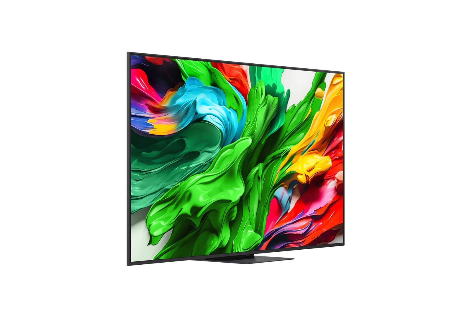 Przedni i boczny widok na LG QNED evo AI 4K Smart TV QNED85 prezentujący jego długość, szerokość, wysokość i głębokość.