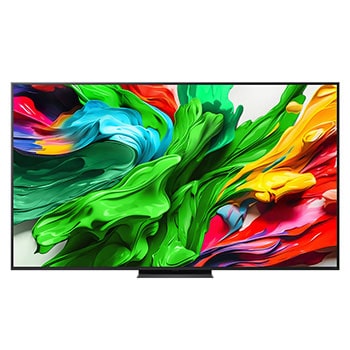 Przedni widok na TV LG QNED evo QNED85, logo AI LG QNED evo w górnym rogu. TV LG QNED evo QNED85 przedstawia kolorowe, przypominające farbę tekstury.
