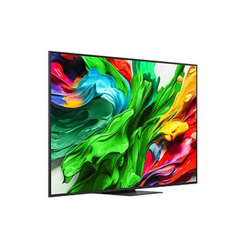 Przedni i boczny widok na LG QNED evo AI 4K Smart TV QNED85 prezentujący jego długość, szerokość, wysokość i głębokość.