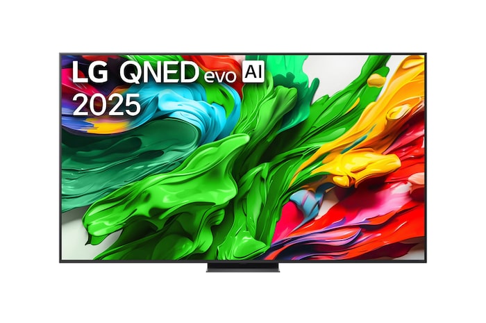 Przedni widok na TV LG QNED evo QNED85, logo AI LG QNED evo w górnym rogu. TV LG QNED evo QNED85 przedstawia kolorowe, przypominające farbę tekstury.
