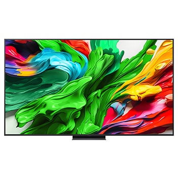 Przedni widok na TV LG QNED evo QNED85, logo AI LG QNED evo w górnym rogu. TV LG QNED evo QNED85 przedstawia kolorowe, przypominające farbę tekstury.
