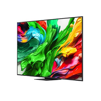 Przedni i boczny widok na LG QNED evo AI 4K Smart TV QNED85 prezentujący jego długość, szerokość, wysokość i głębokość.