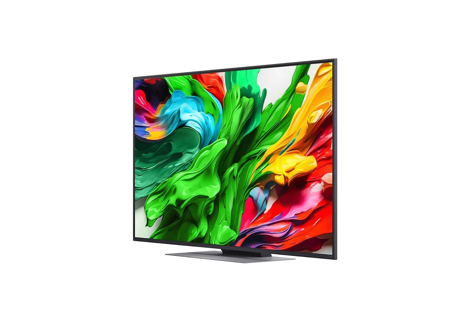 Przedni i boczny widok na LG QNED evo AI 4K Smart TV QNED85 prezentujący jego długość, szerokość, wysokość i głębokość.