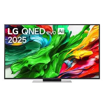 Przedni widok na TV LG QNED evo QNED85, logo AI LG QNED evo w górnym rogu. TV LG QNED evo QNED85 przedstawia kolorowe, przypominające farbę tekstury.