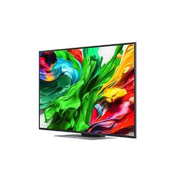 Przedni i boczny widok na LG QNED evo AI 4K Smart TV QNED85 prezentujący jego długość, szerokość, wysokość i głębokość.