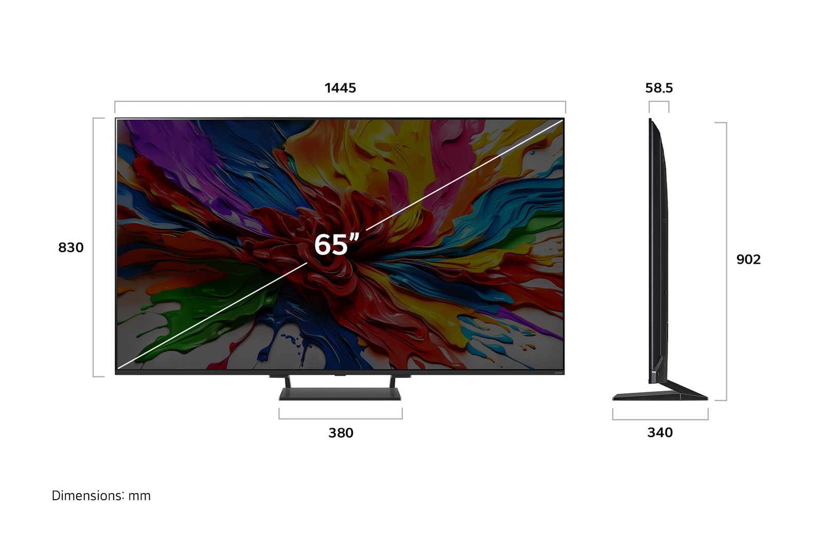 Przedni i boczny widok na LG QNED evo AI 4K Smart TV QNED92 prezentujący jego długość, szerokość, wysokość i głębokość.