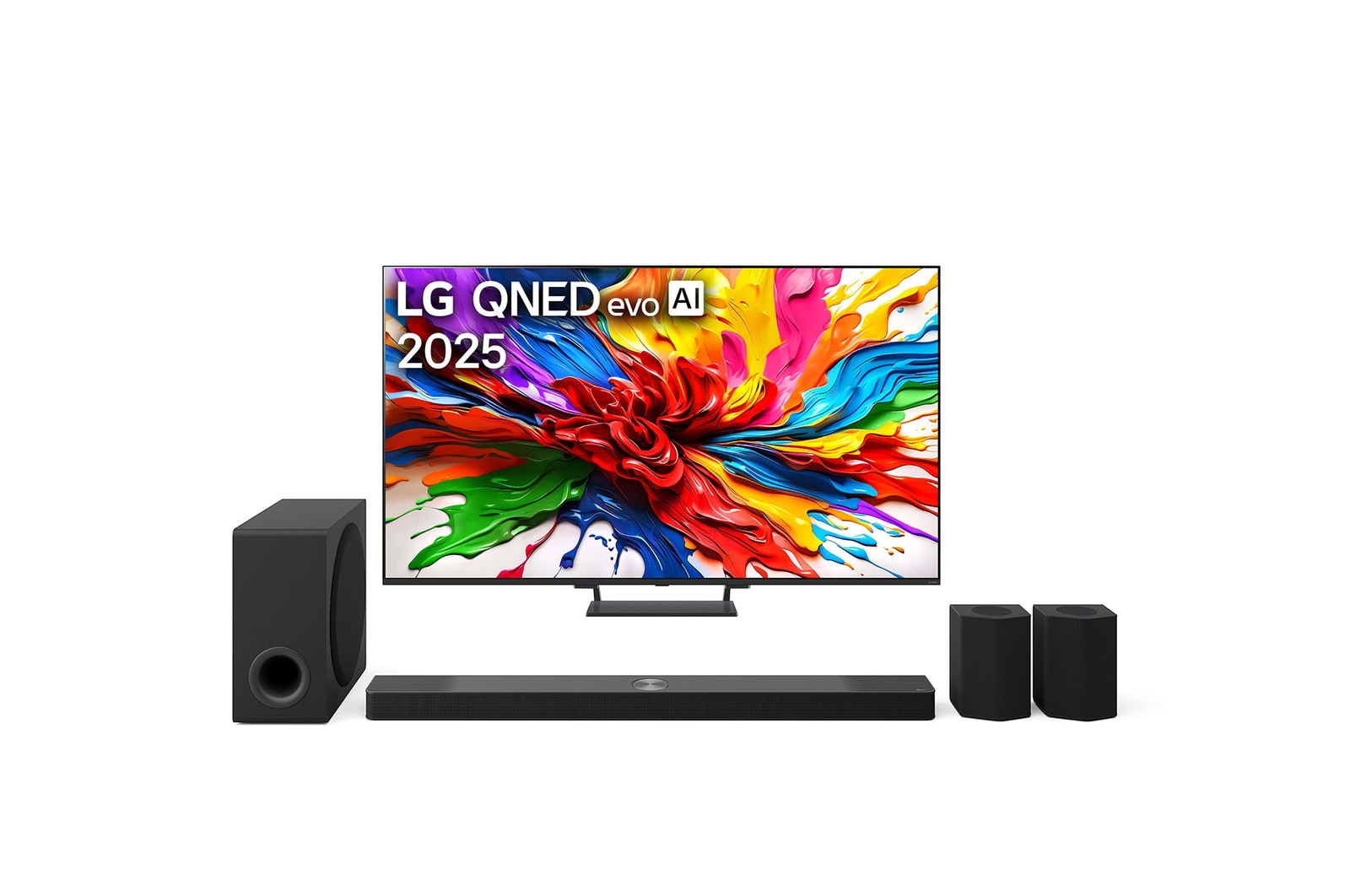 Przedni widok na TV LG QNED evo QNED93, logo AI LG QNED evo w górnym rogu. TV LG QNED evo przedstawia kolorowe, przypominające farbę tekstury.